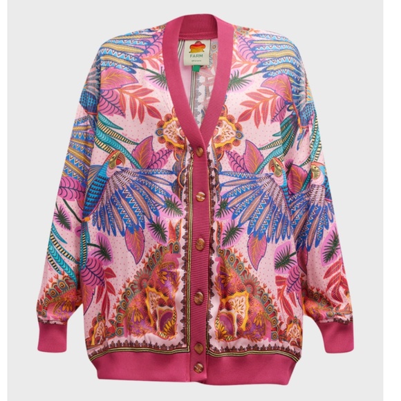 NWT $185 Farm Rio Macaw Scarf Pink Cardigan in size Large! - Picture 3 of 9